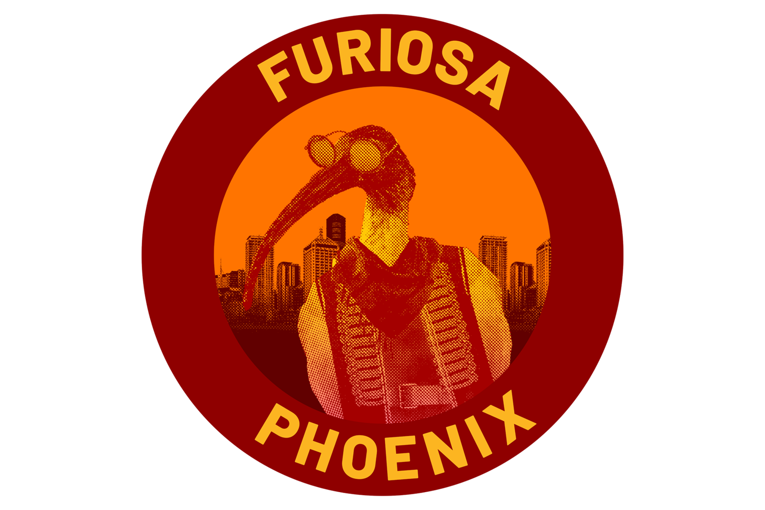 a logo of an ibis on an orange background dressed in cyber-punk-style clothing and "Furiosa Phoenix" written around it on a circle