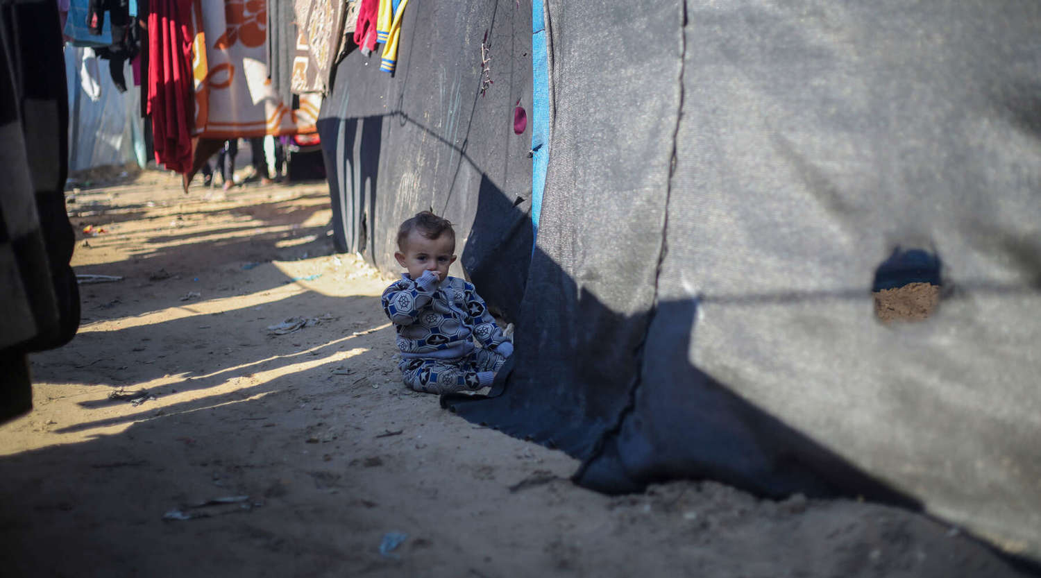 Displaced Palestinians live in tents on February 11, 2024 in Rafah, Gaza