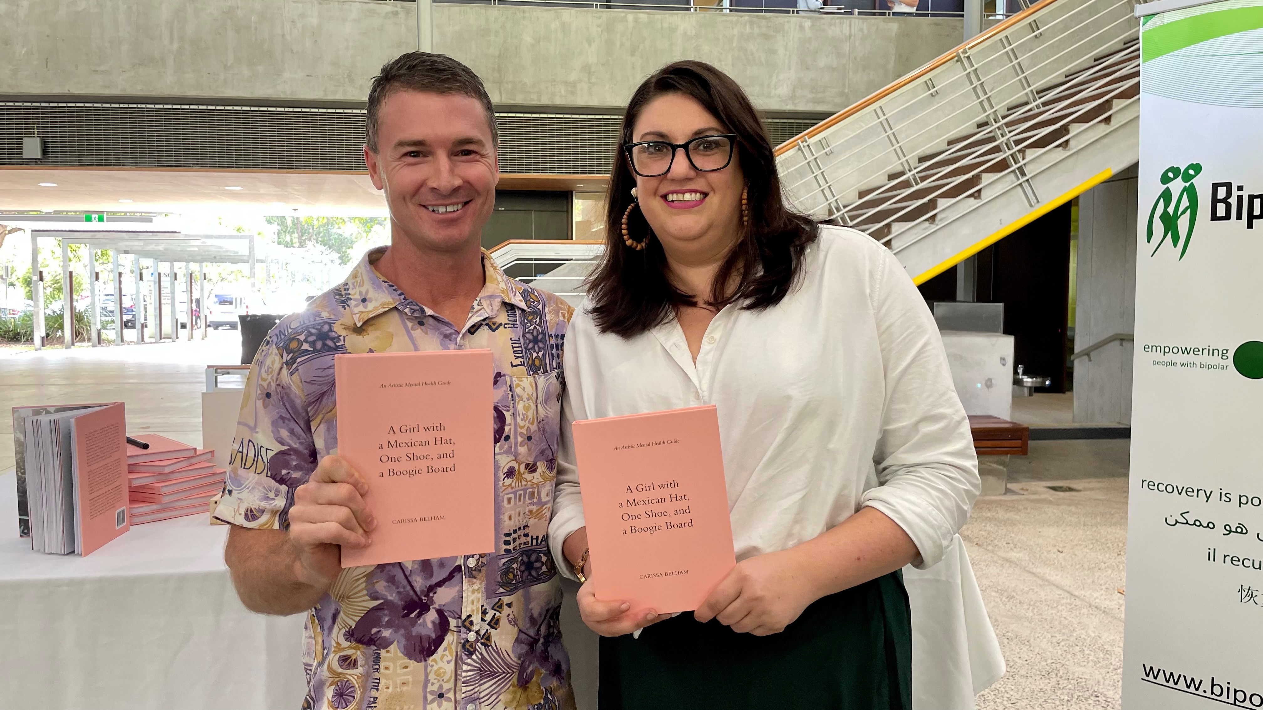 Raphael McGowan and Carissa Belham at the book launch of 'A Girl With a Mexican Hat, One Shoe, and a Boogie Board'