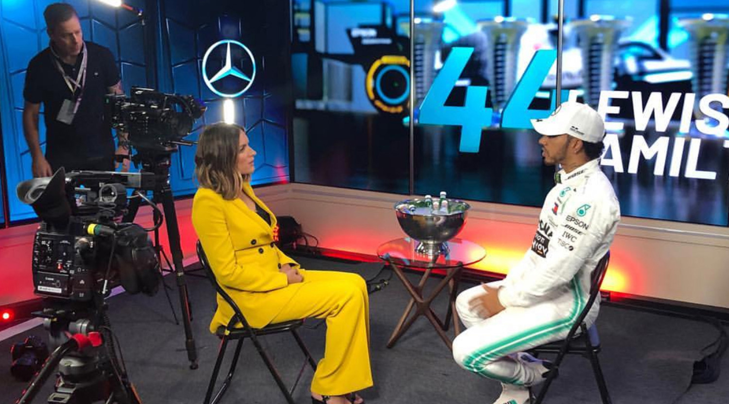 roz kelly interviewing Formula One driver Lewis Hamilton, Australian Grand Prix, Melbourne, 2019.