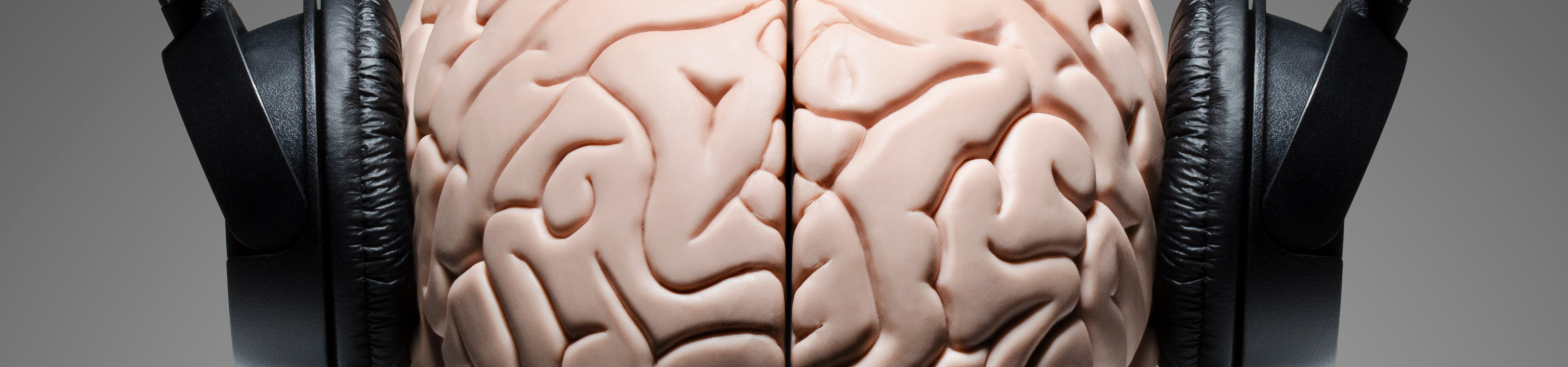 A close-up cropped image of a model of a brain wearing headphones