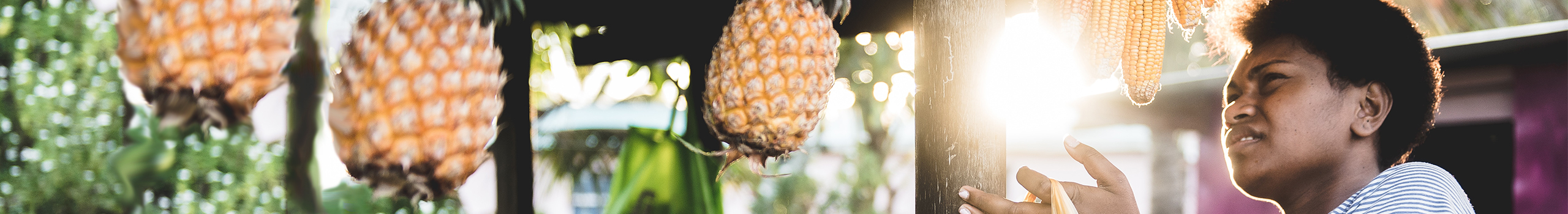 Woman looking at pineapples at market stall