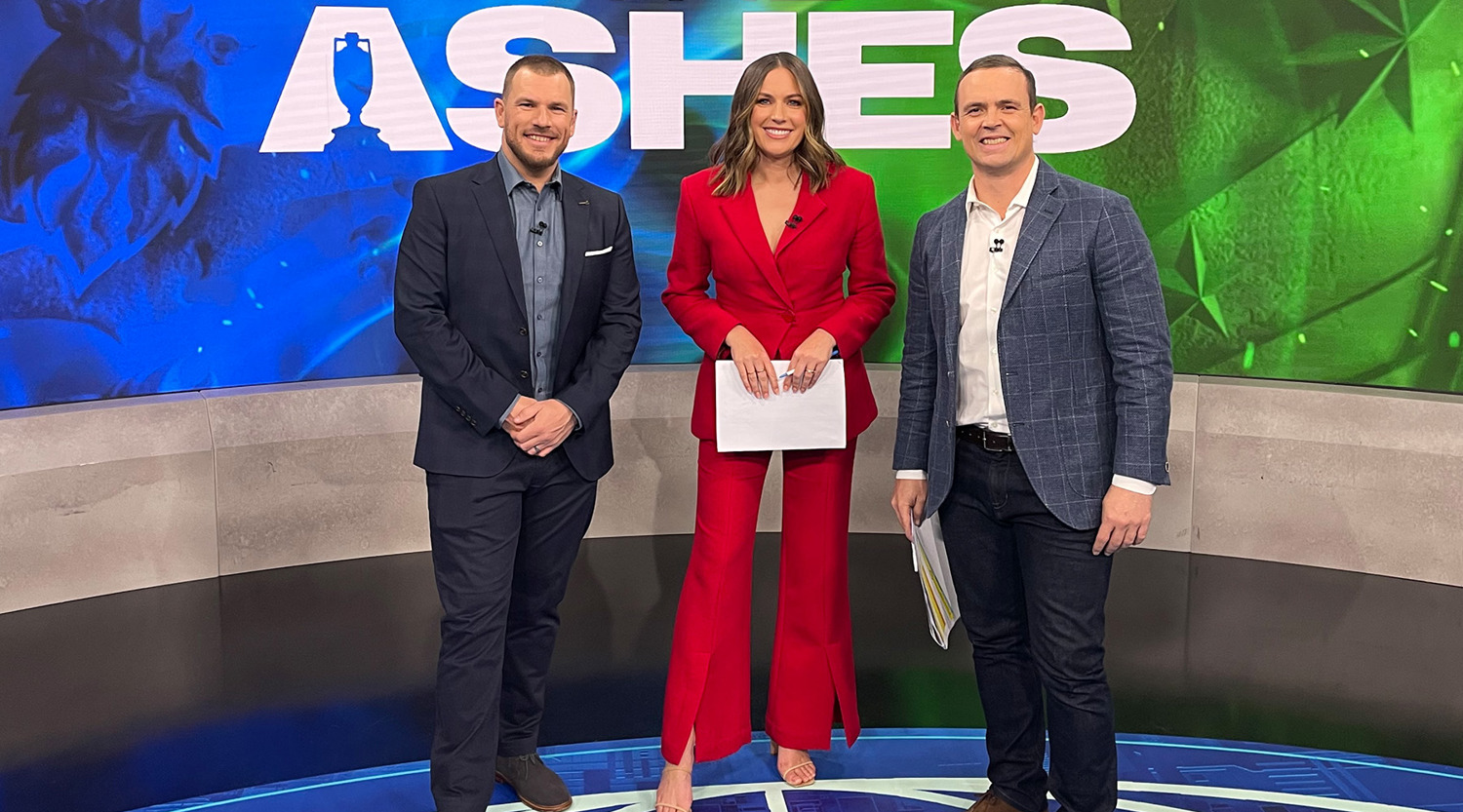 roz kelly In studio hosting the 2023 Ashes series with former Australian captain Aaron Finch and spin bowler Steve O’Keefe